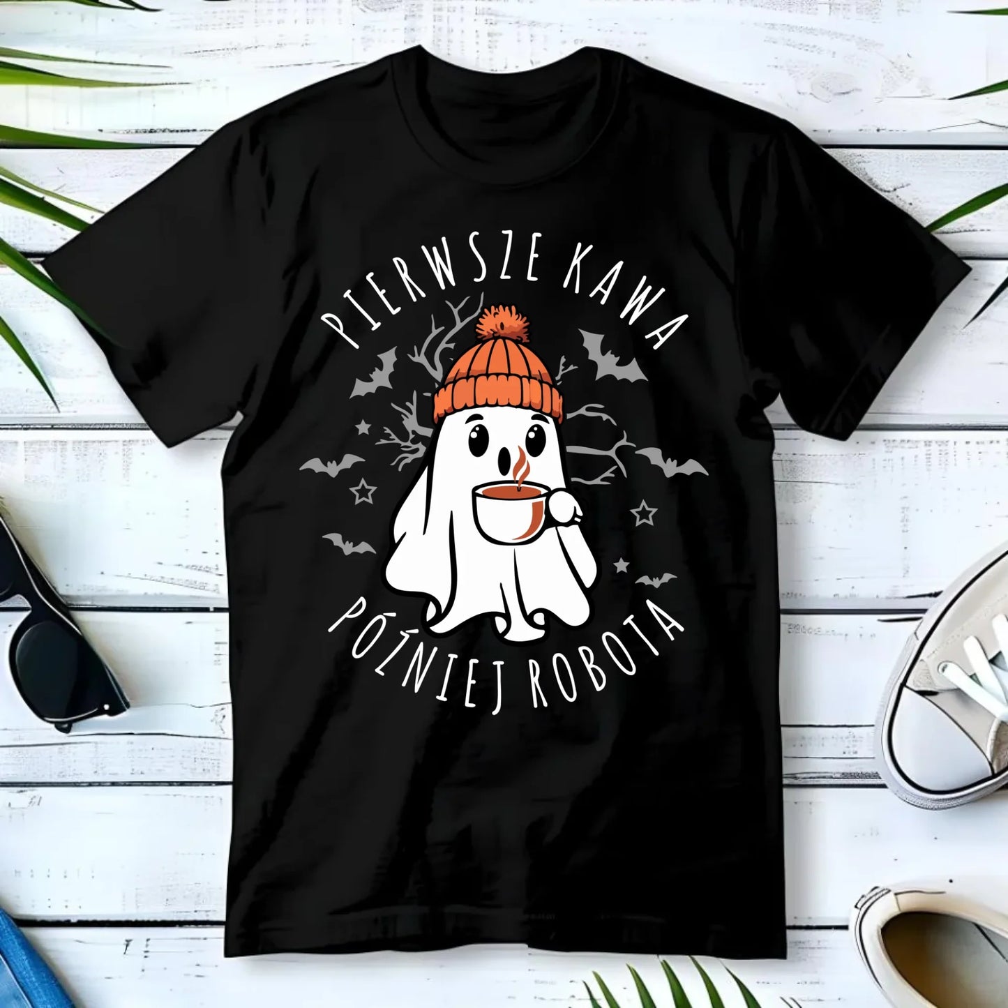 Koszulka męska halloweenowa - Duch z kawą - Pierwsze kawa później robota HL01 - StoryCups.pl