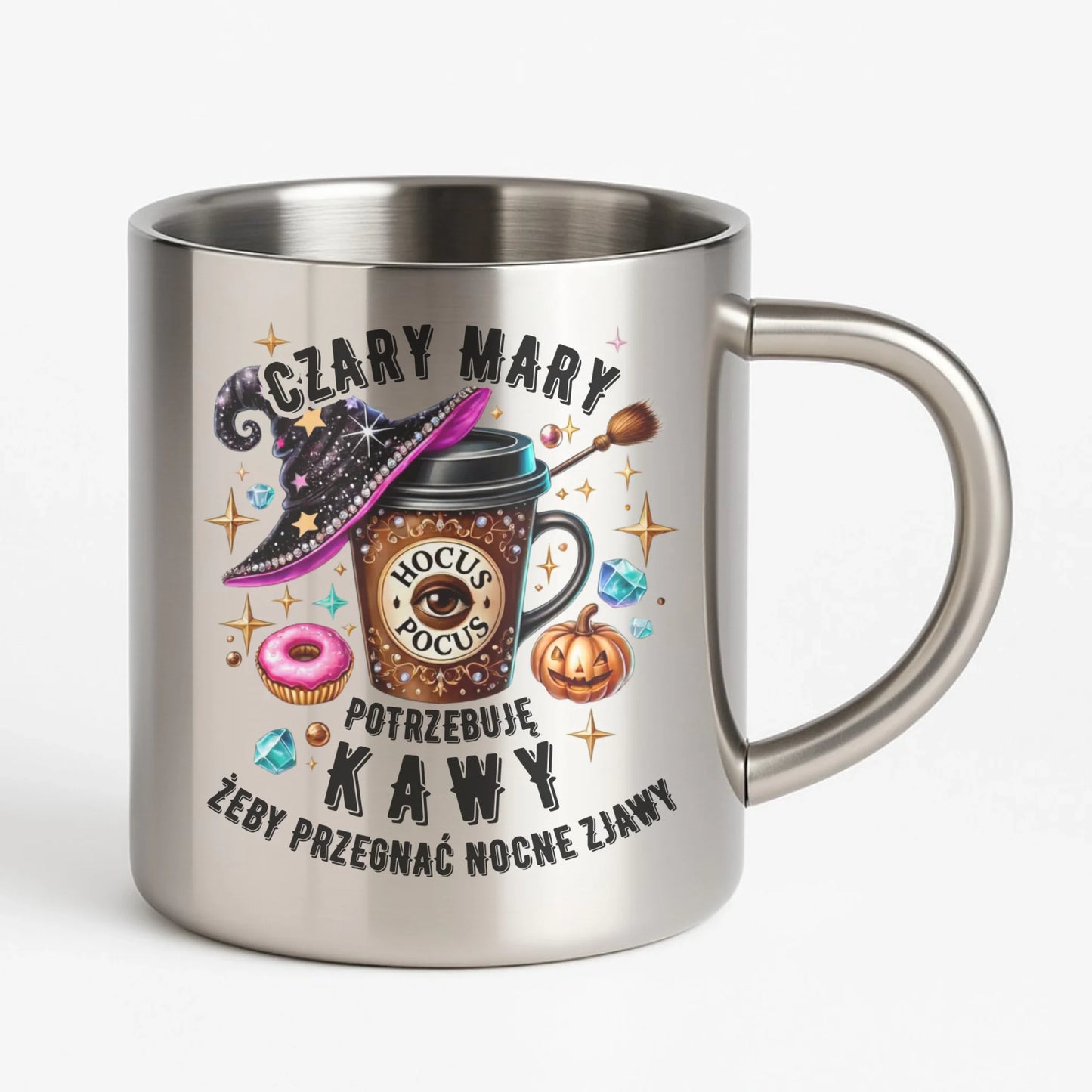 Kubek metalowy na Halloween - Potrzebuję kawy HL03 - StoryCups.pl