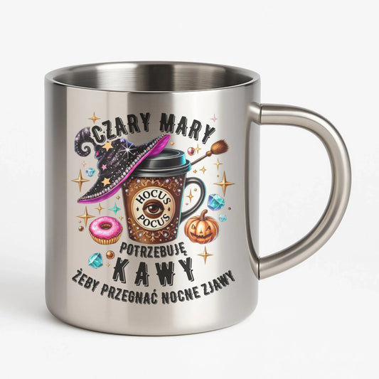Kubek metalowy na Halloween - Potrzebuję kawy HL03 - StoryCups.pl