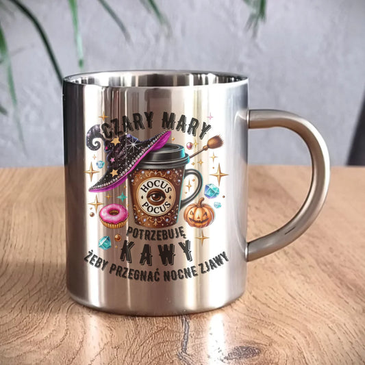 Kubek metalowy na Halloween - Potrzebuję kawy HL03 - StoryCups.pl