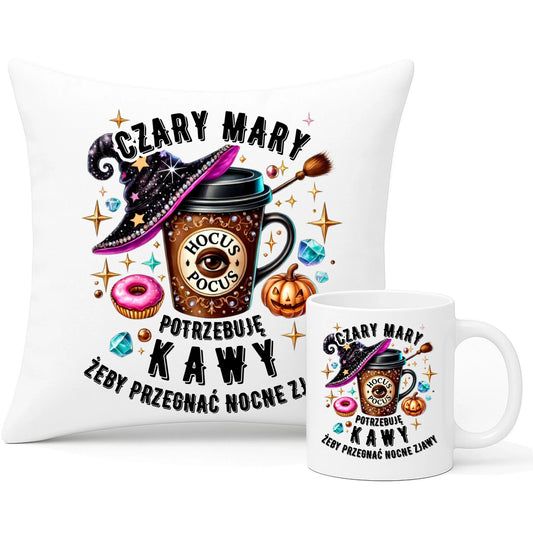 Zestaw poduszka i kubek na Halloween - Potrzebuję kawy HL03 - StoryCups.pl