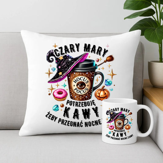 Zestaw poduszka i kubek na Halloween - Potrzebuję kawy HL03 - StoryCups.pl