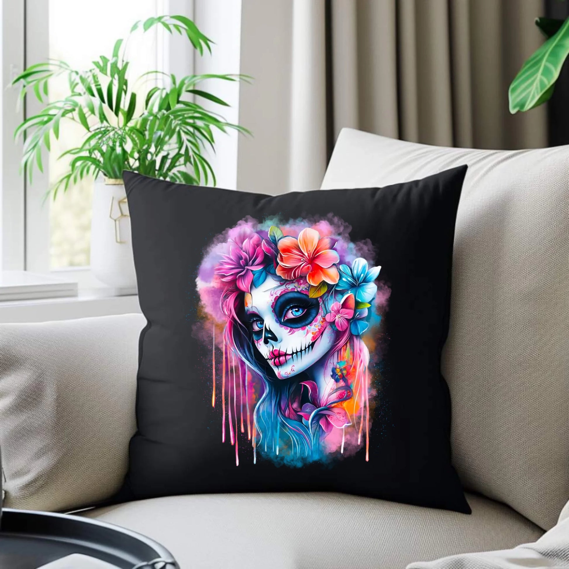 Poduszka dekoracyjna Halloween - kolorowa czaszka z kwiatami La Muerte HL05 - StoryCups.pl