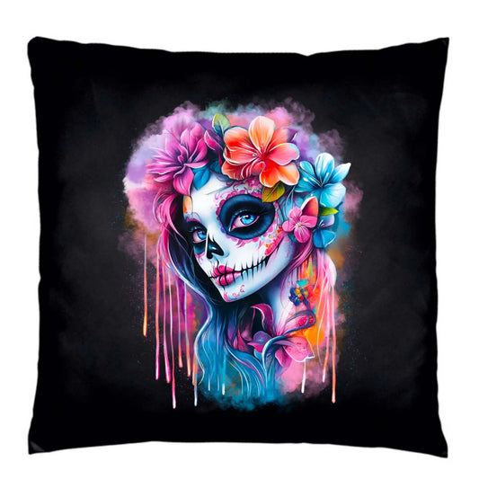 Poduszka dekoracyjna Halloween - kolorowa czaszka z kwiatami La Muerte HL05 - StoryCups.pl