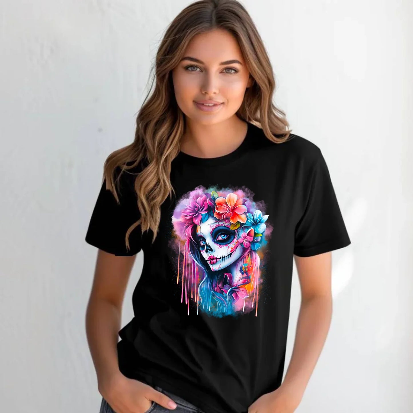 Koszulka damska Halloween - kolorowa czaszka z kwiatami La Muerte HL05