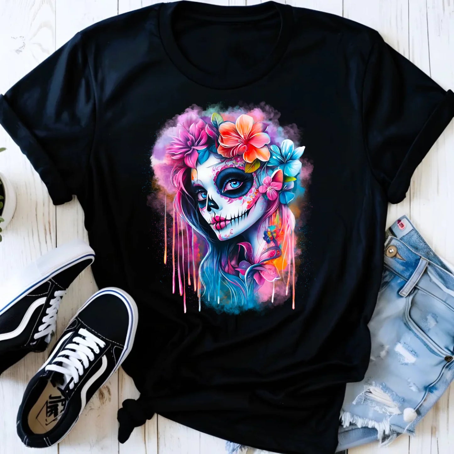 Koszulka damska Halloween - kolorowa czaszka z kwiatami La Muerte HL05