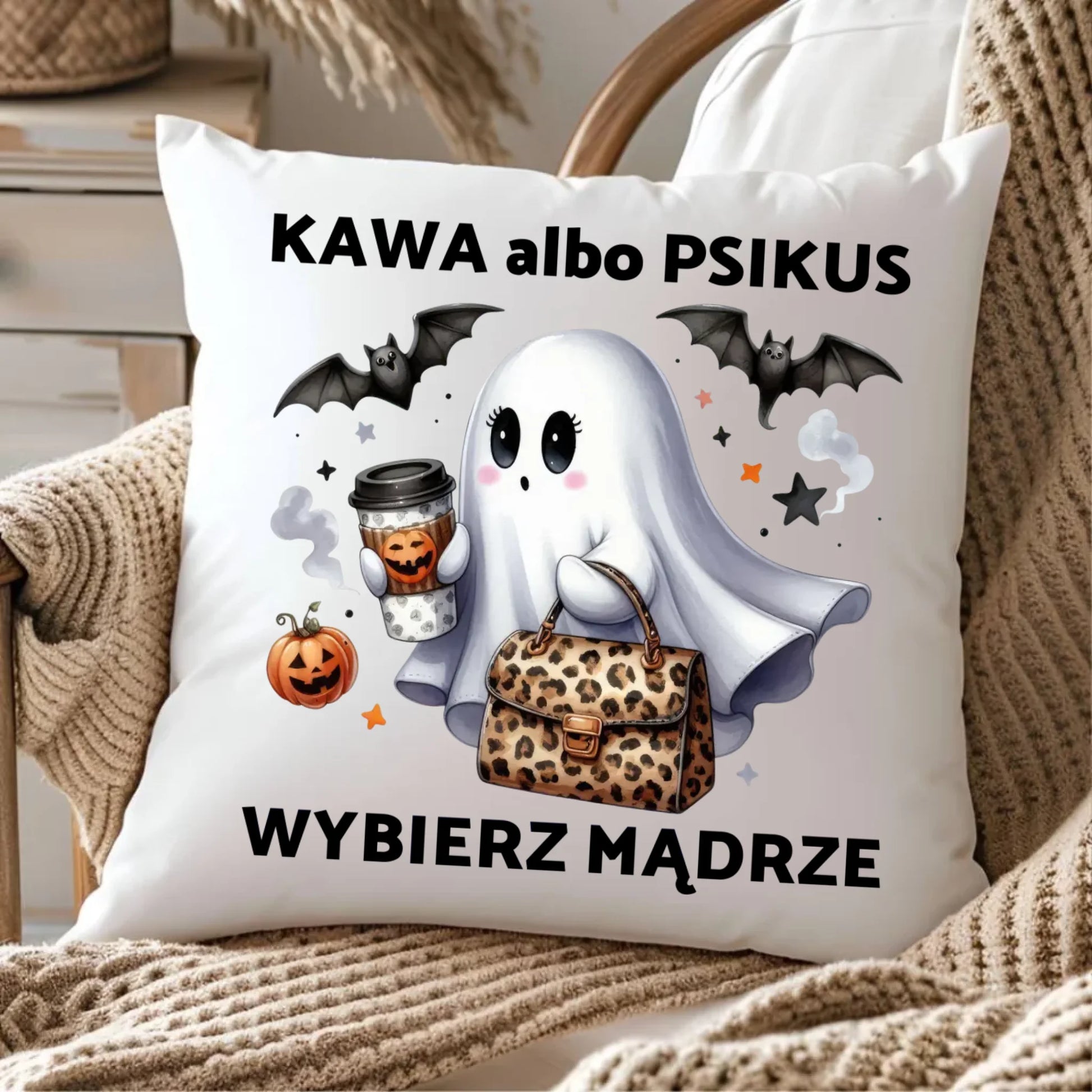 Poduszka halloweenowa - Duch - Kawa albo psikus HL07 - StoryCups.pl