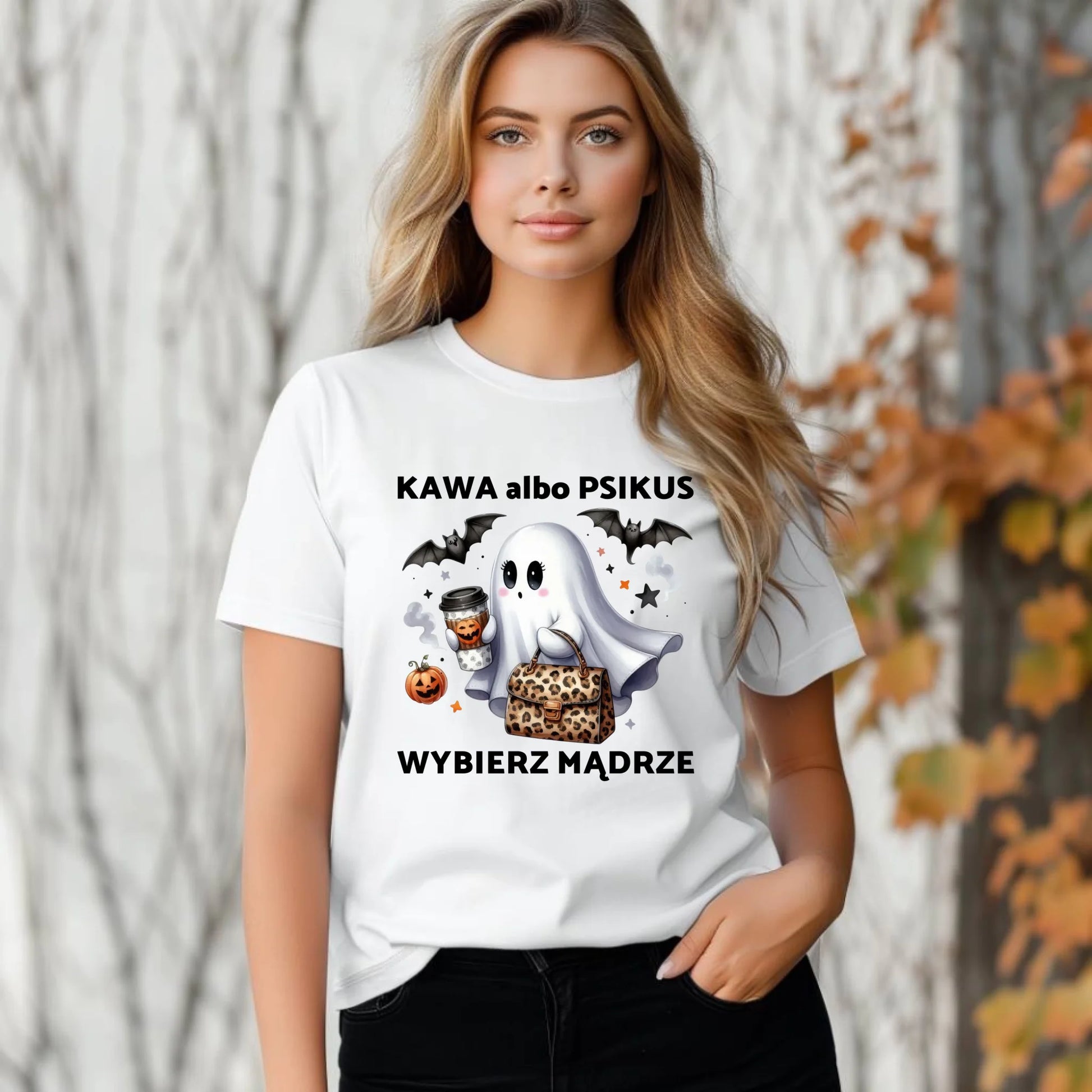 Koszulka damska halloweenowa - Duch - Kawa albo psikus HL07 - StoryCups.pl