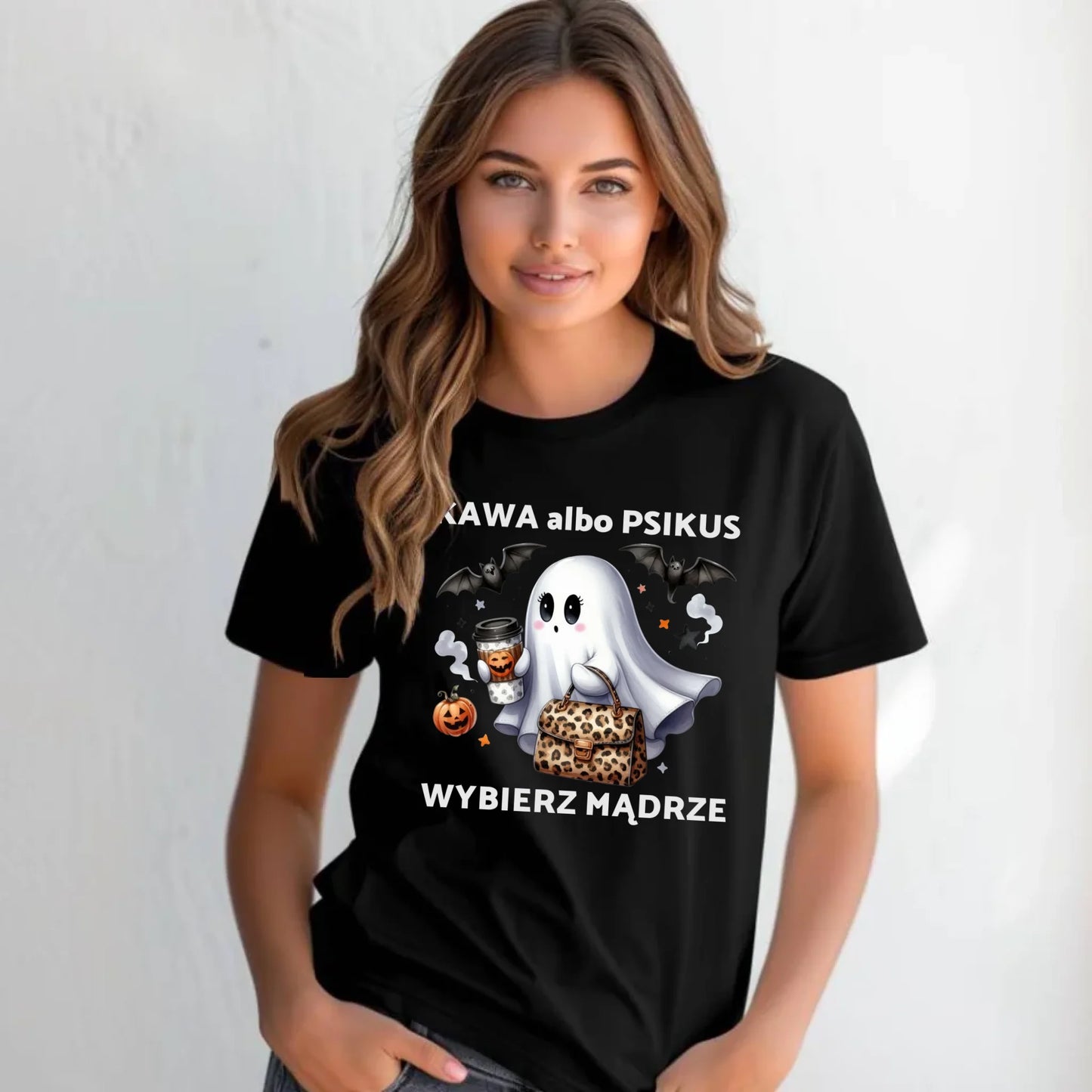 Koszulka damska halloweenowa - Duch - Kawa albo psikus HL07