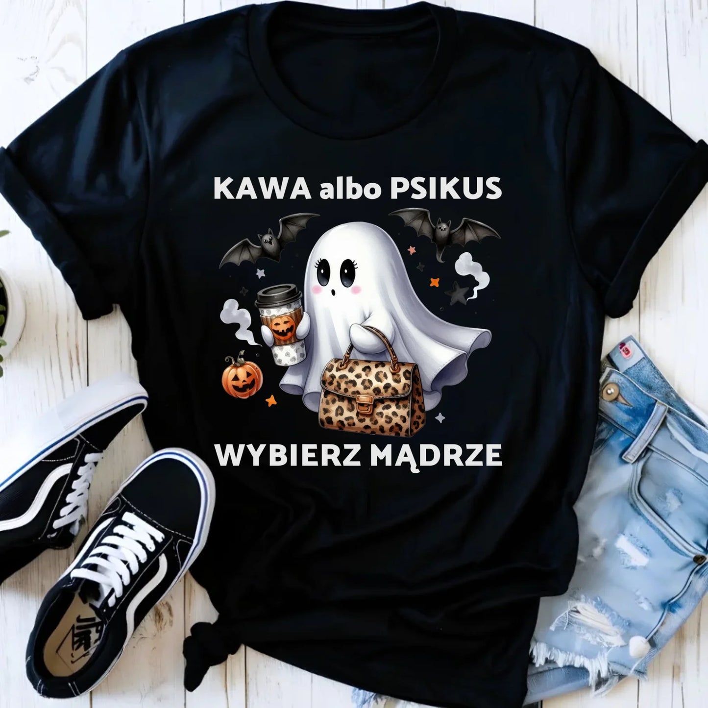 Koszulka damska halloweenowa - Duch - Kawa albo psikus HL07