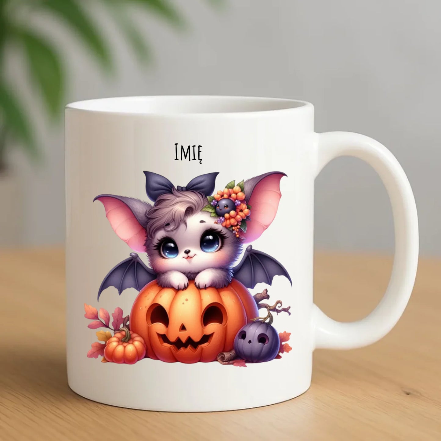 Kubek halloweenowy - Uroczy nietoperz z dynią - personalizowany HL08 - StoryCups.pl