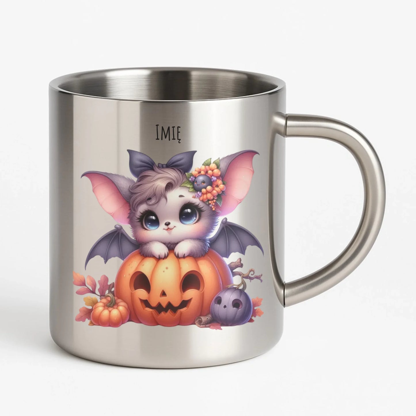 Kubek metalowy halloweenowy - Uroczy nietoperz z dynią - personalizowany HL08 - StoryCups.pl