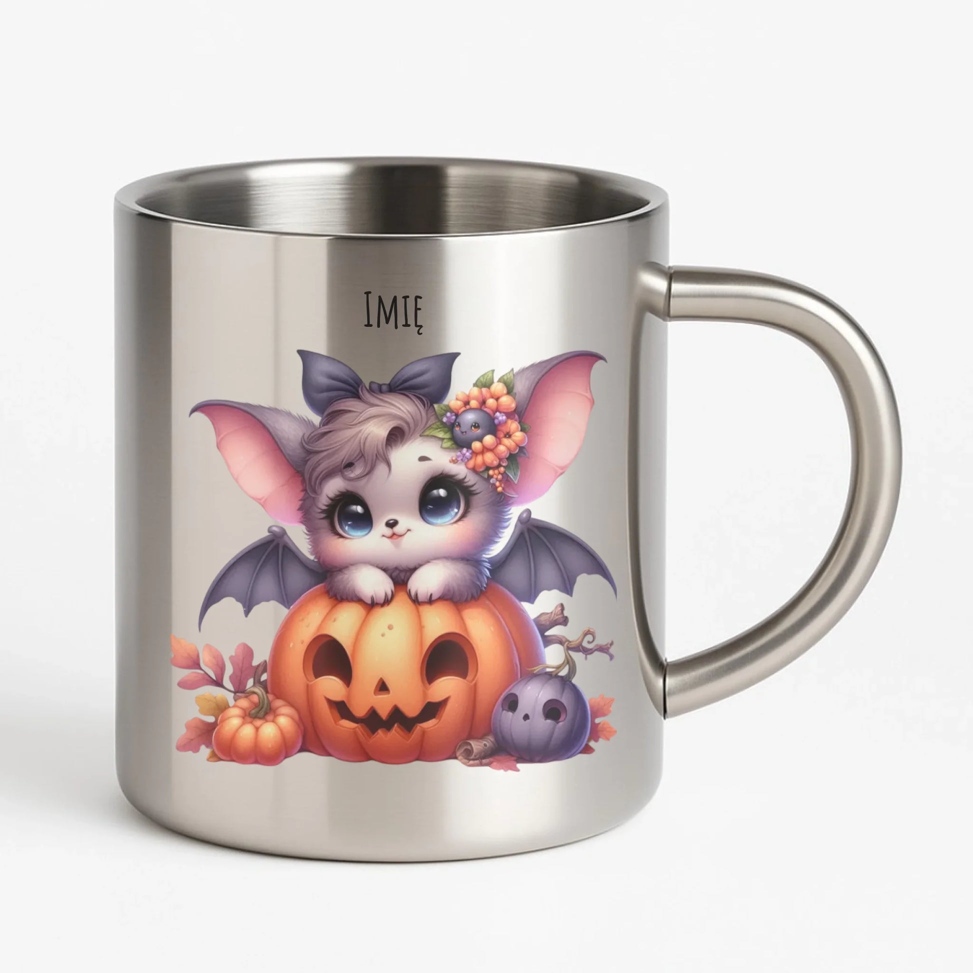 Kubek metalowy halloweenowy - Uroczy nietoperz z dynią - personalizowany HL08 - StoryCups.pl