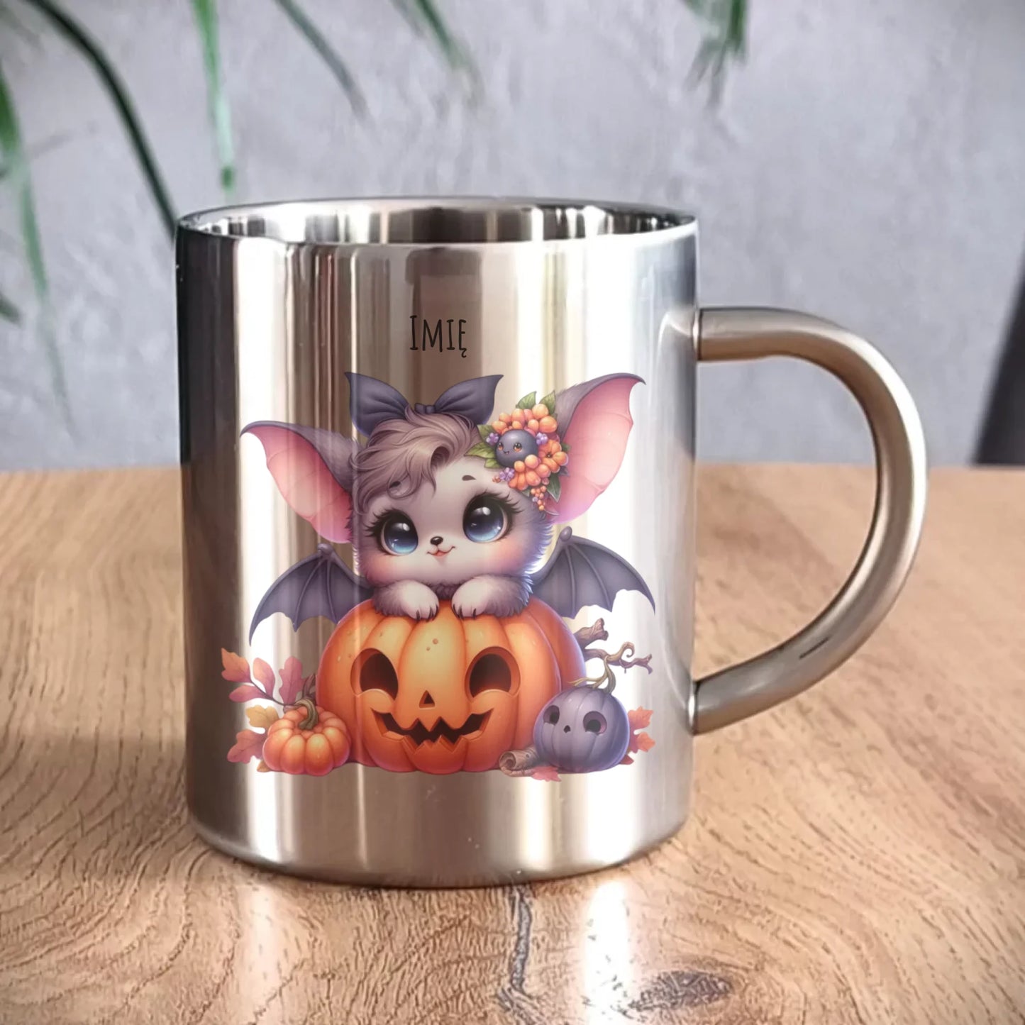 Kubek metalowy halloweenowy - Uroczy nietoperz z dynią - personalizowany HL08 - StoryCups.pl