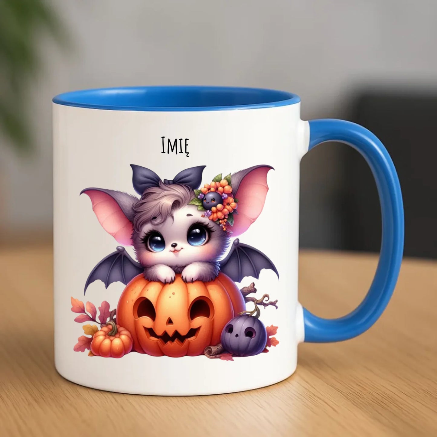Kubek halloweenowy - Uroczy nietoperz z dynią - personalizowany HL08 - StoryCups.pl