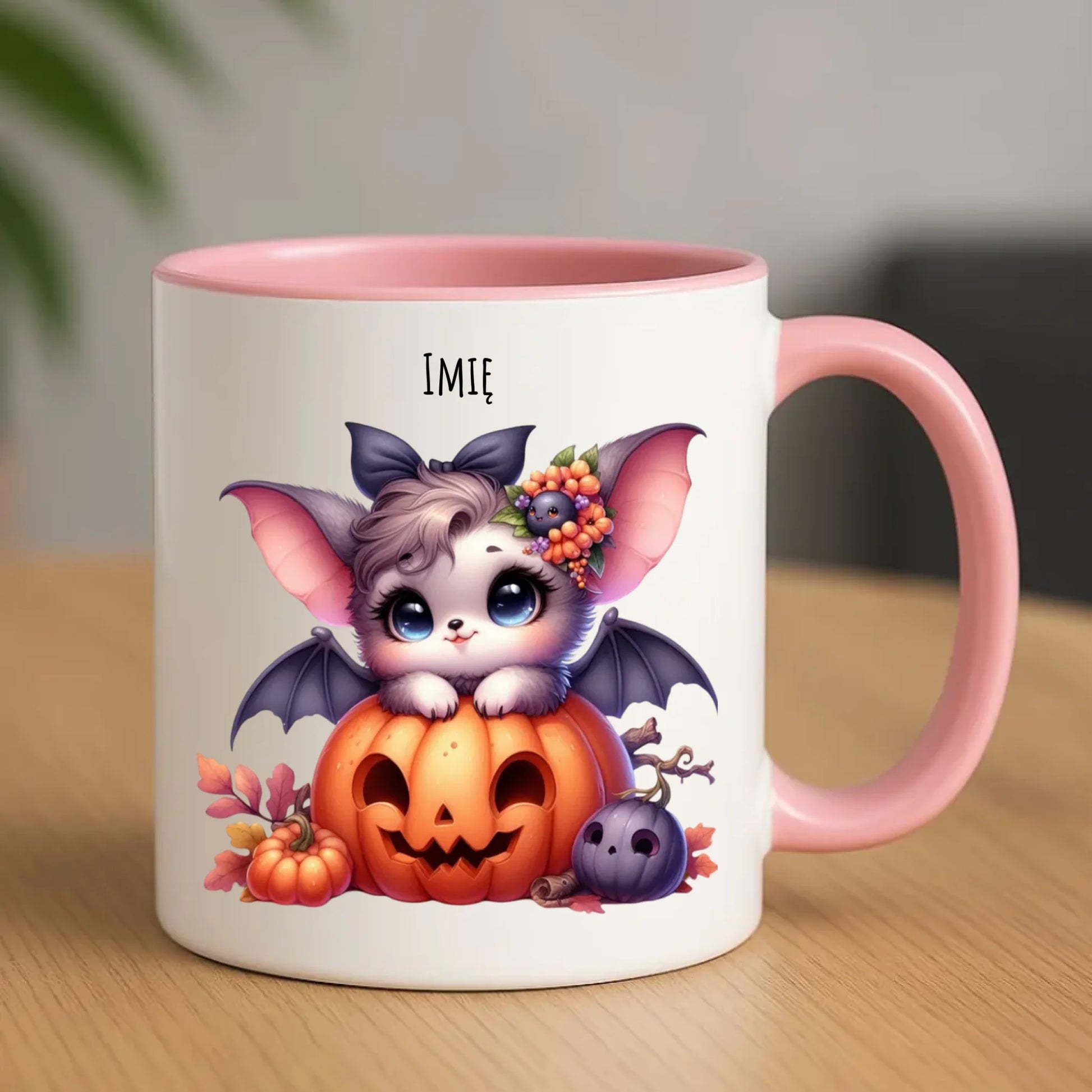 Kubek halloweenowy - Uroczy nietoperz z dynią - personalizowany HL08 - StoryCups.pl