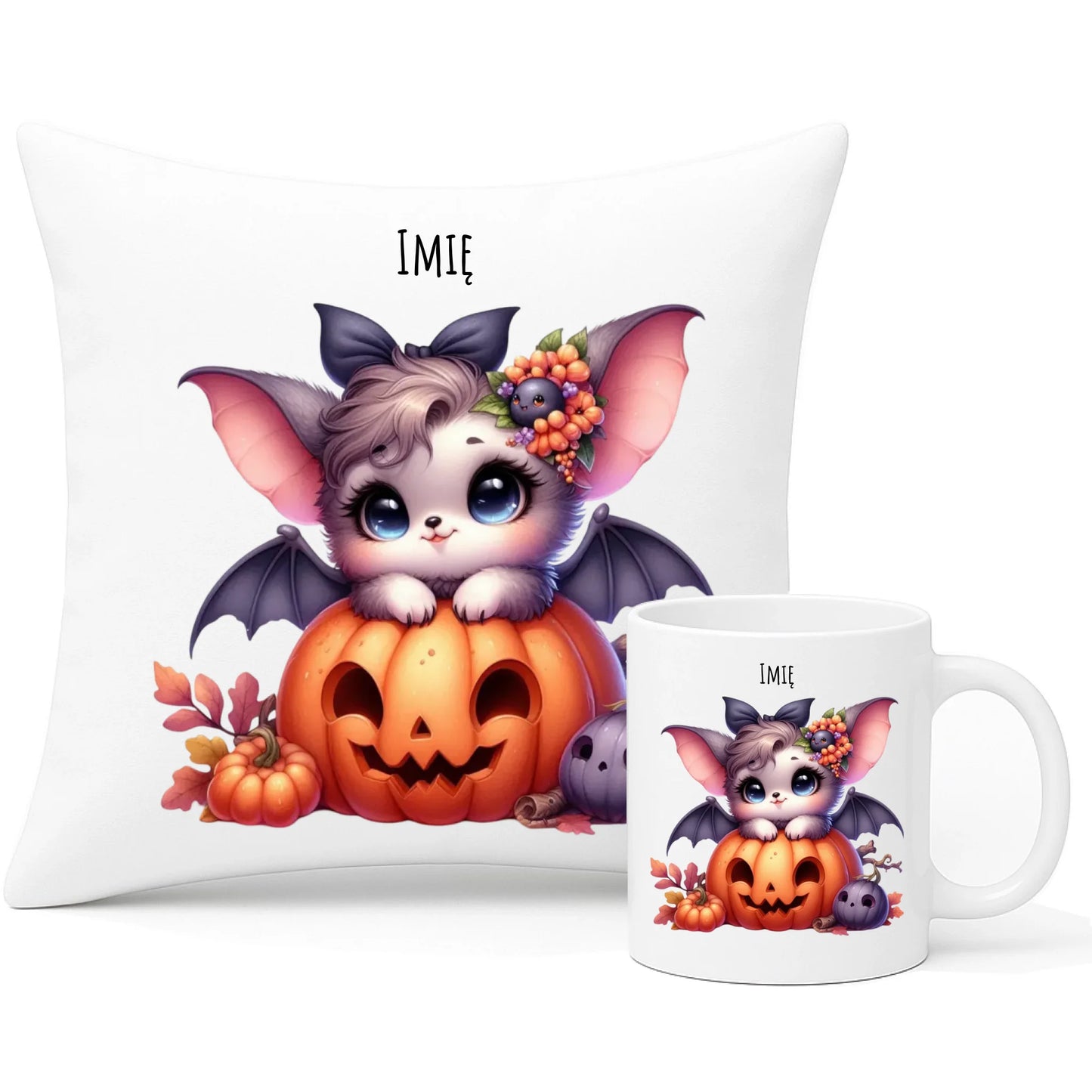 Zestaw halloweenowy poduszka i kubek - Uroczy nietoperz z dynią - personalizowany HL08 - StoryCups.pl