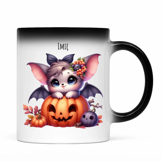 Kubek magiczny halloweenowy - Uroczy nietoperz z dynią - personalizowany HL08 - StoryCups.pl