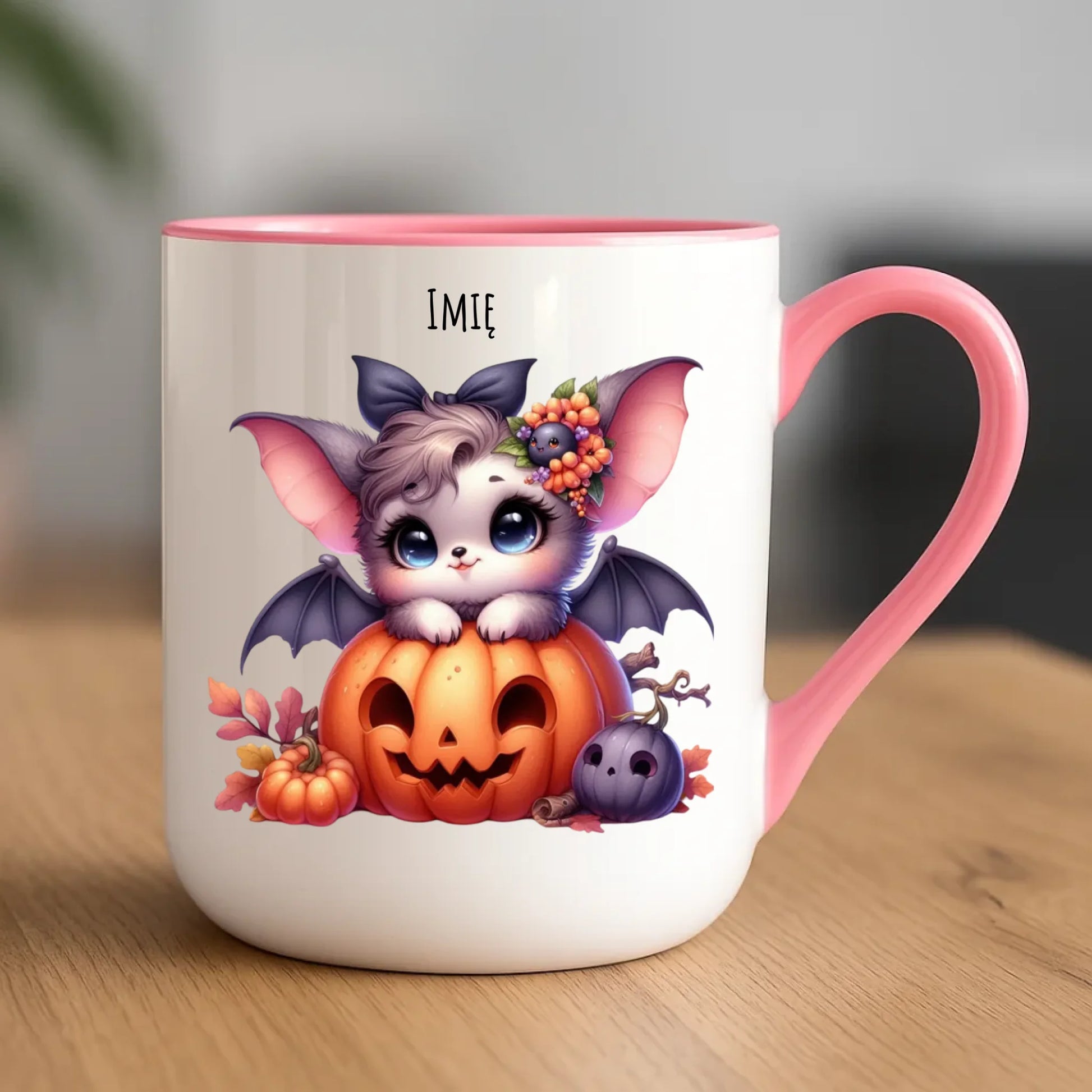 Kubek elegant halloweenowy - Uroczy nietoperz z dynią - personalizowany HL08 - StoryCups.pl