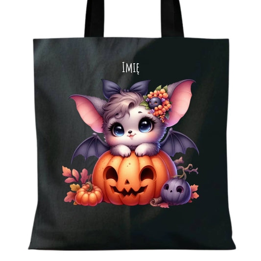 Torba halloweenowa - Uroczy nietoperz z dynią - personalizowana HL08 - StoryCups.pl
