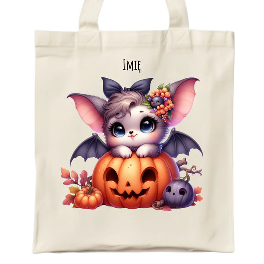 Torba halloweenowa - Uroczy nietoperz z dynią - personalizowana HL08 - StoryCups.pl