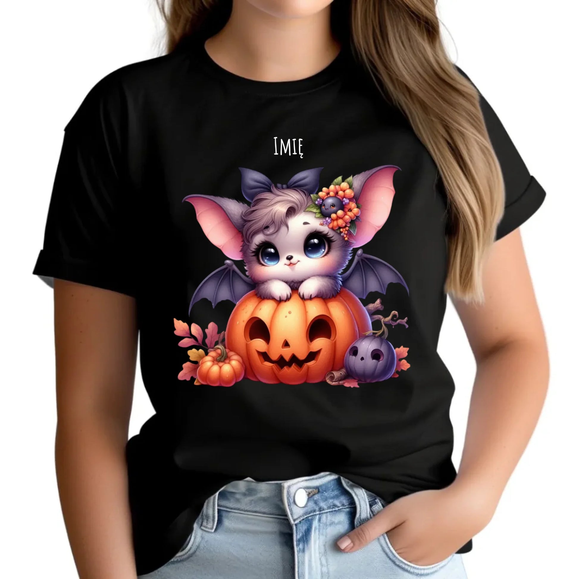 Koszulka damska halloweenowa - Uroczy nietoperz z dynią - personalizowana HL08 - StoryCups.pl