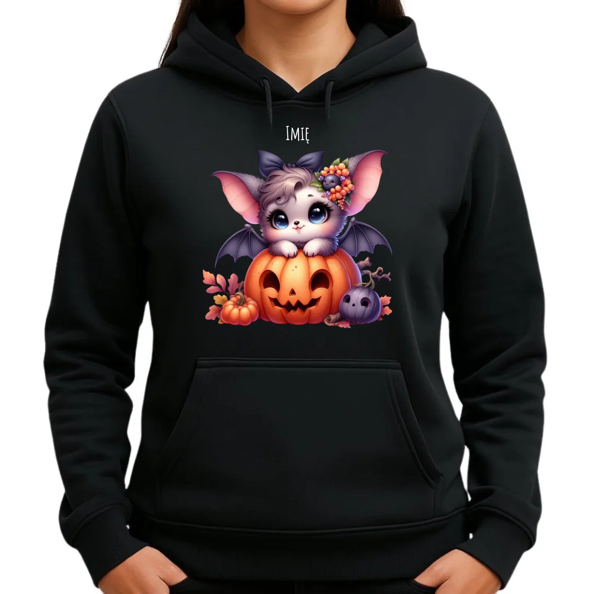 Bluza damska z kapturem halloweenowa - Uroczy nietoperz z dynią - personalizowana HL08 - StoryCups.pl