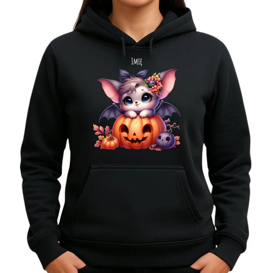 Bluza damska z kapturem halloweenowa - Uroczy nietoperz z dynią - personalizowana HL08 - StoryCups.pl