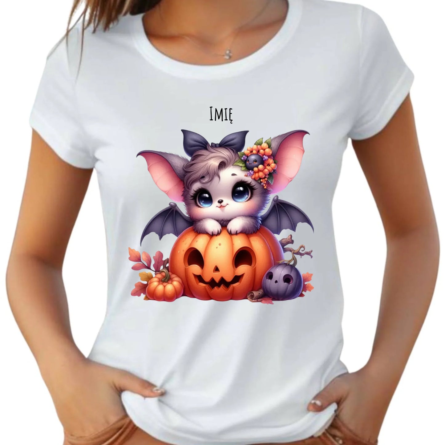 Koszulka damska halloweenowa - Uroczy nietoperz z dynią - personalizowana HL08 - StoryCups.pl