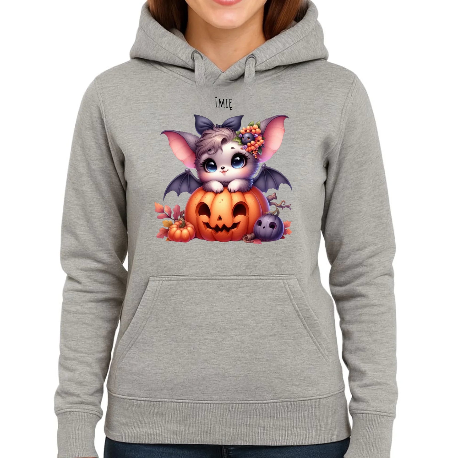 Bluza damska z kapturem halloweenowa - Uroczy nietoperz z dynią - personalizowana HL08 - StoryCups.pl