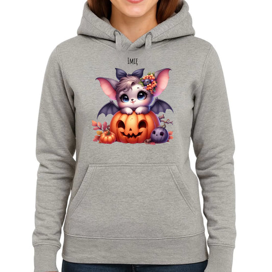 Bluza damska z kapturem halloweenowa - Uroczy nietoperz z dynią - personalizowana HL08 - StoryCups.pl
