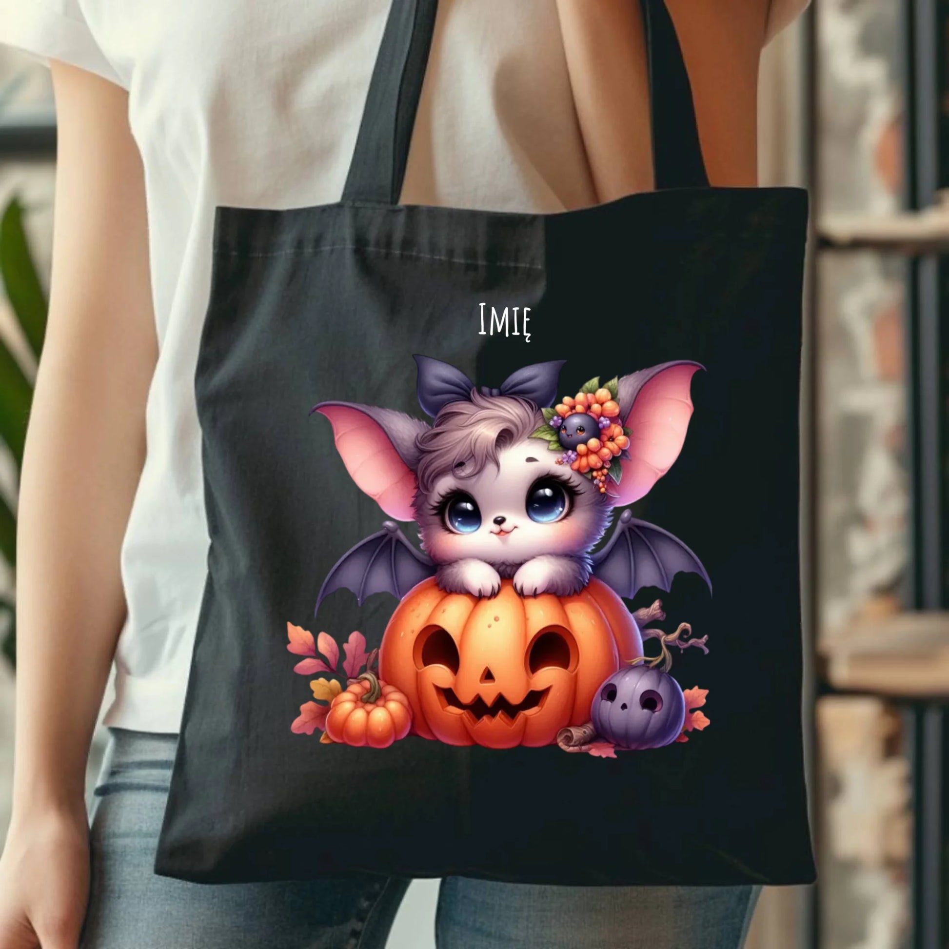 Torba halloweenowa - Uroczy nietoperz z dynią - personalizowana HL08 - StoryCups.pl