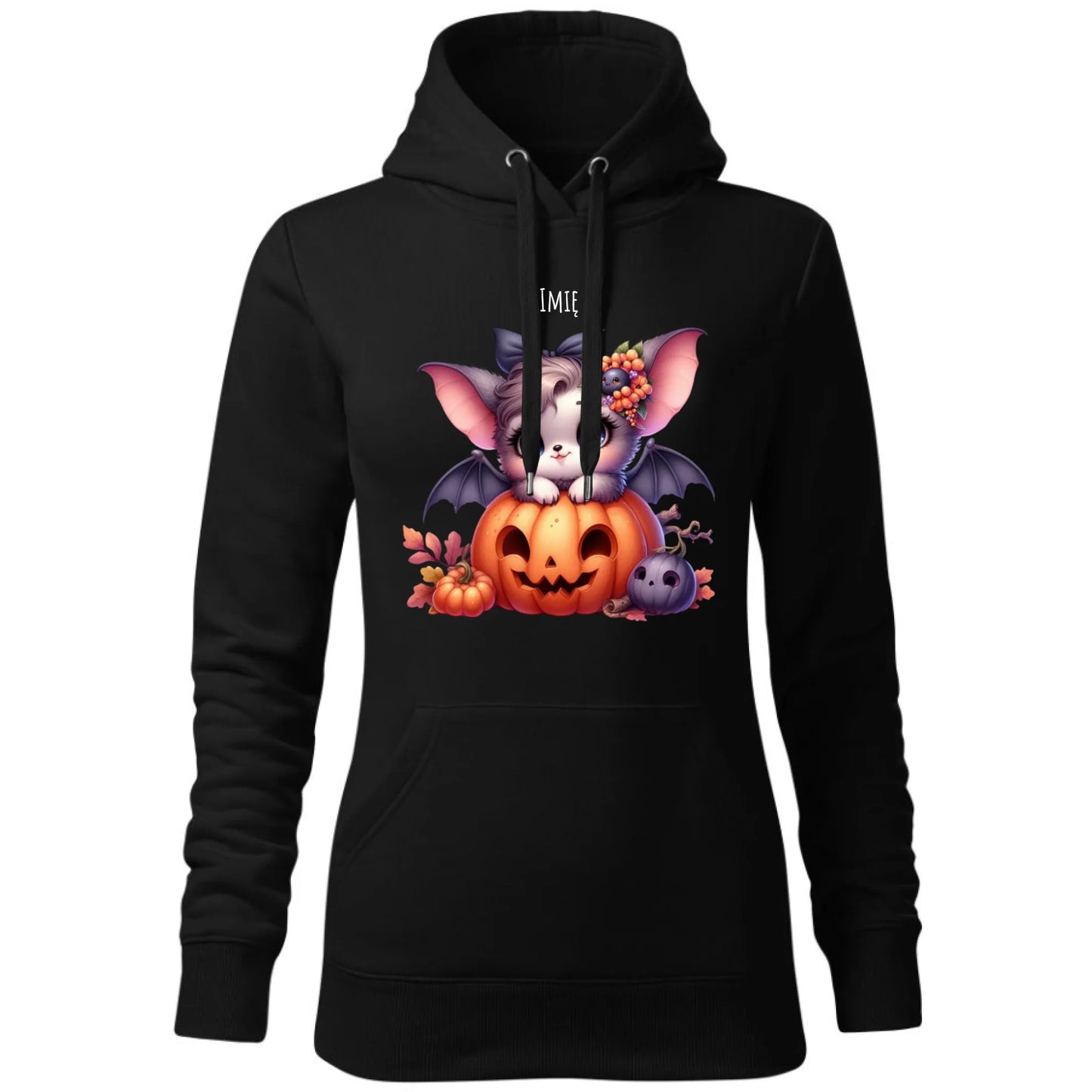 Bluza damska z kapturem halloweenowa - Uroczy nietoperz z dynią - personalizowana HL08 - StoryCups.pl
