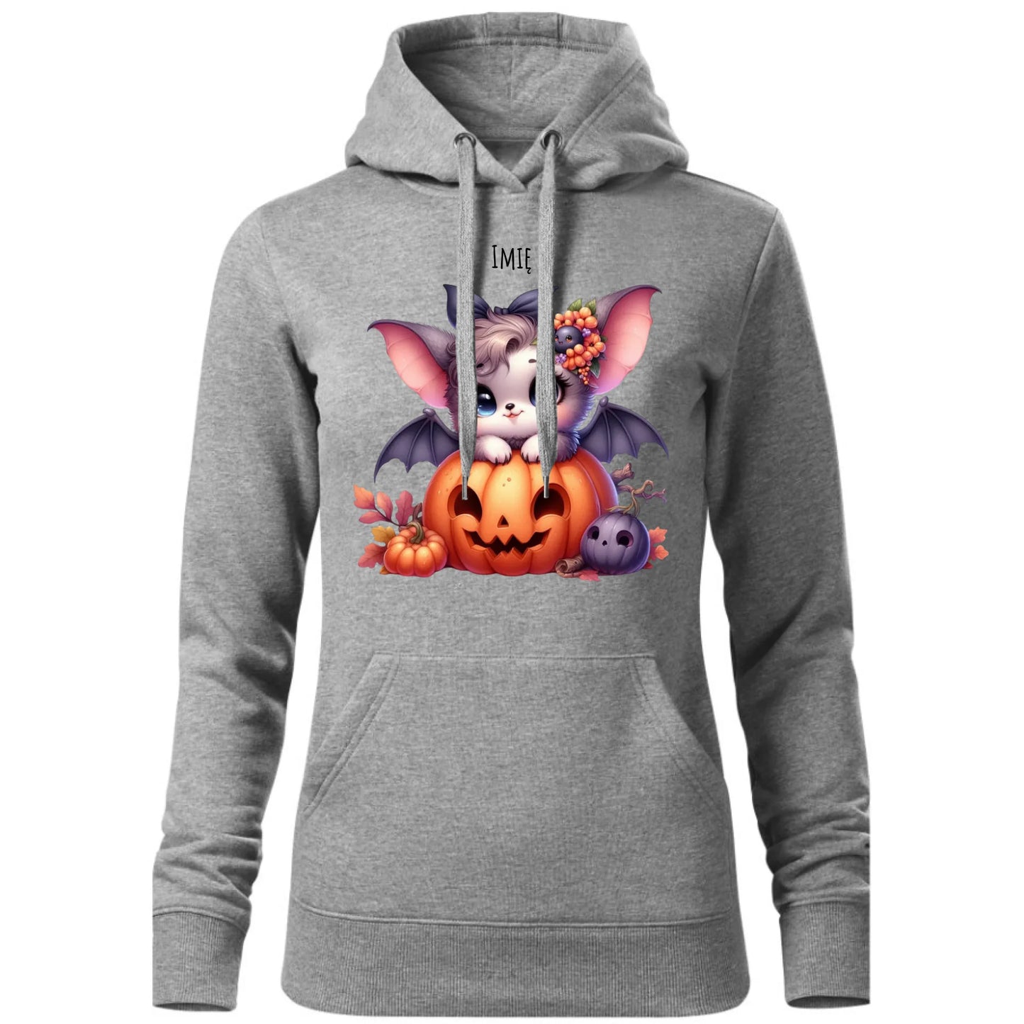 Bluza damska z kapturem halloweenowa - Uroczy nietoperz z dynią - personalizowana HL08 - StoryCups.pl