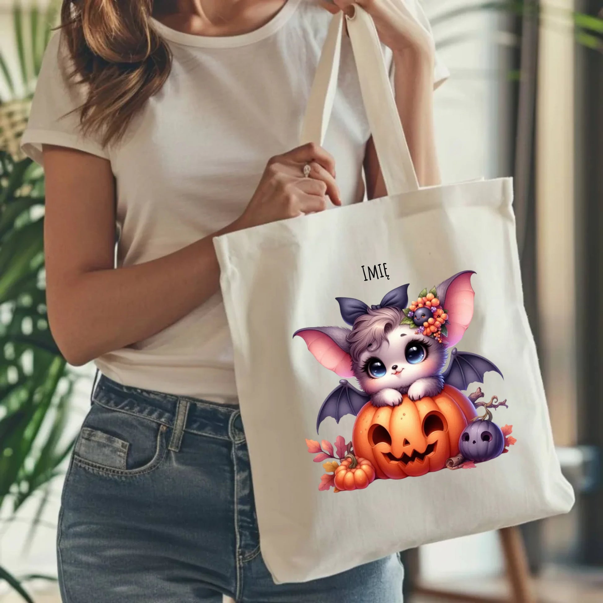 Torba halloweenowa - Uroczy nietoperz z dynią - personalizowana HL08 - StoryCups.pl