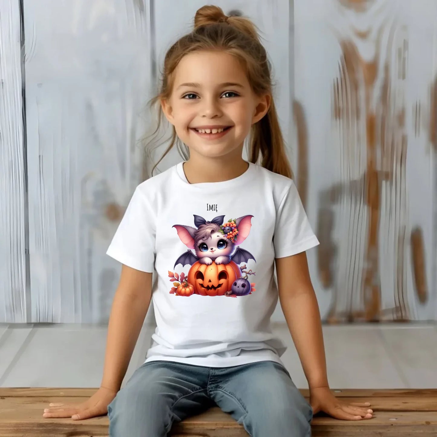 Koszulka dziecięca halloweenowa - Uroczy nietoperz z dynią - personalizowana HL08 - StoryCups.pl