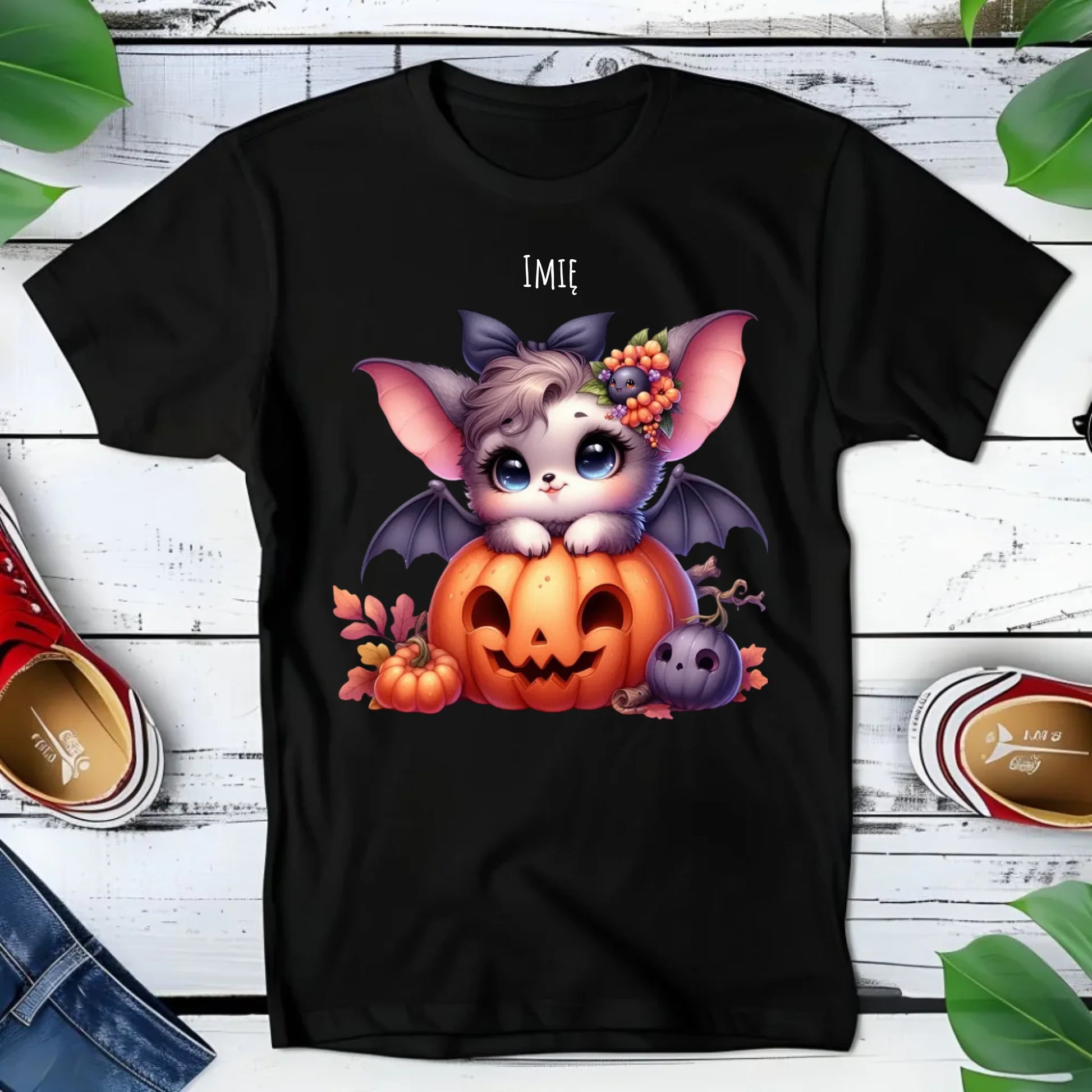 Koszulka dziecięca halloweenowa - Uroczy nietoperz z dynią - personalizowana HL08 - StoryCups.pl