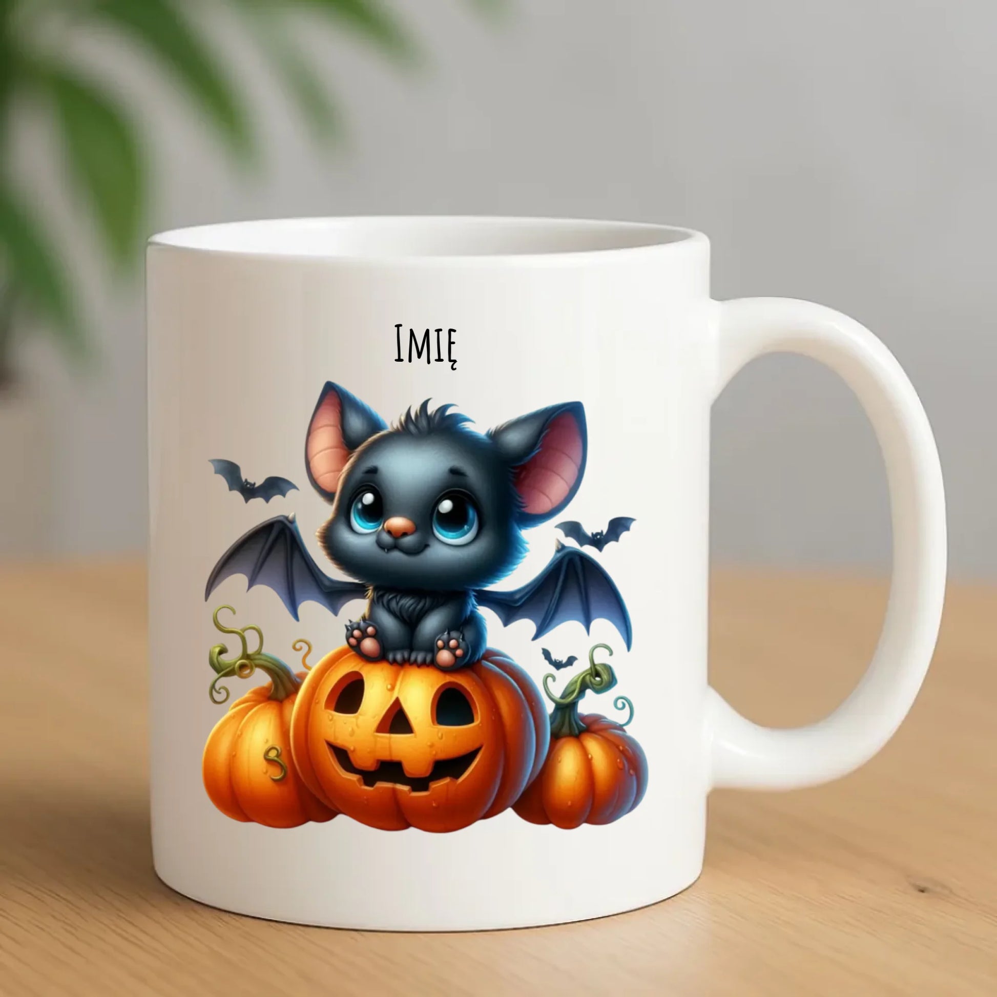 Kubek halloweenowy - Słodki nietoperz z dynią - personalizowany HL09 - StoryCups.pl