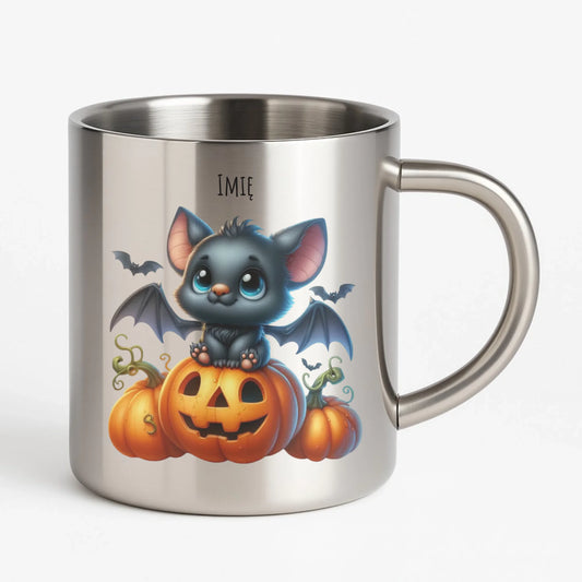 Kubek metalowy halloweenowy - Słodki nietoperz z dynią - personalizowany HL09 - StoryCups.pl