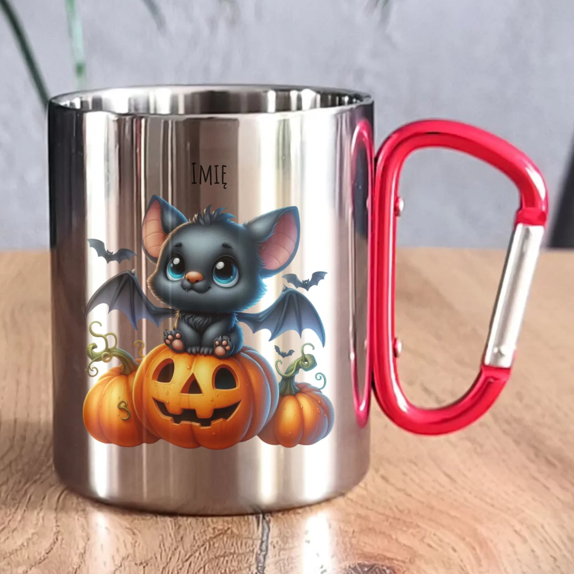 Kubek metalowy halloweenowy - Słodki nietoperz z dynią - personalizowany HL09 - StoryCups.pl