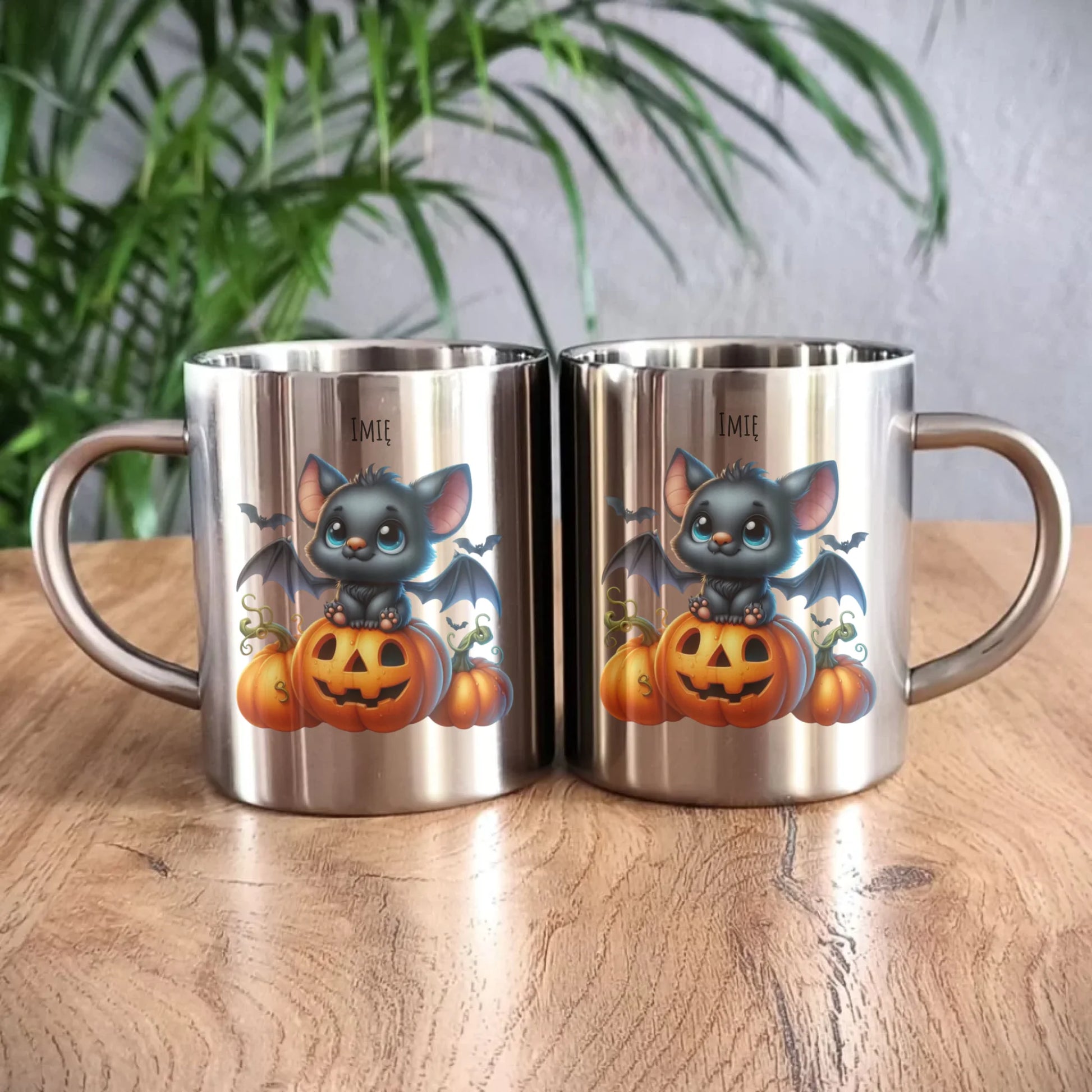 Kubek metalowy halloweenowy - Słodki nietoperz z dynią - personalizowany HL09 - StoryCups.pl