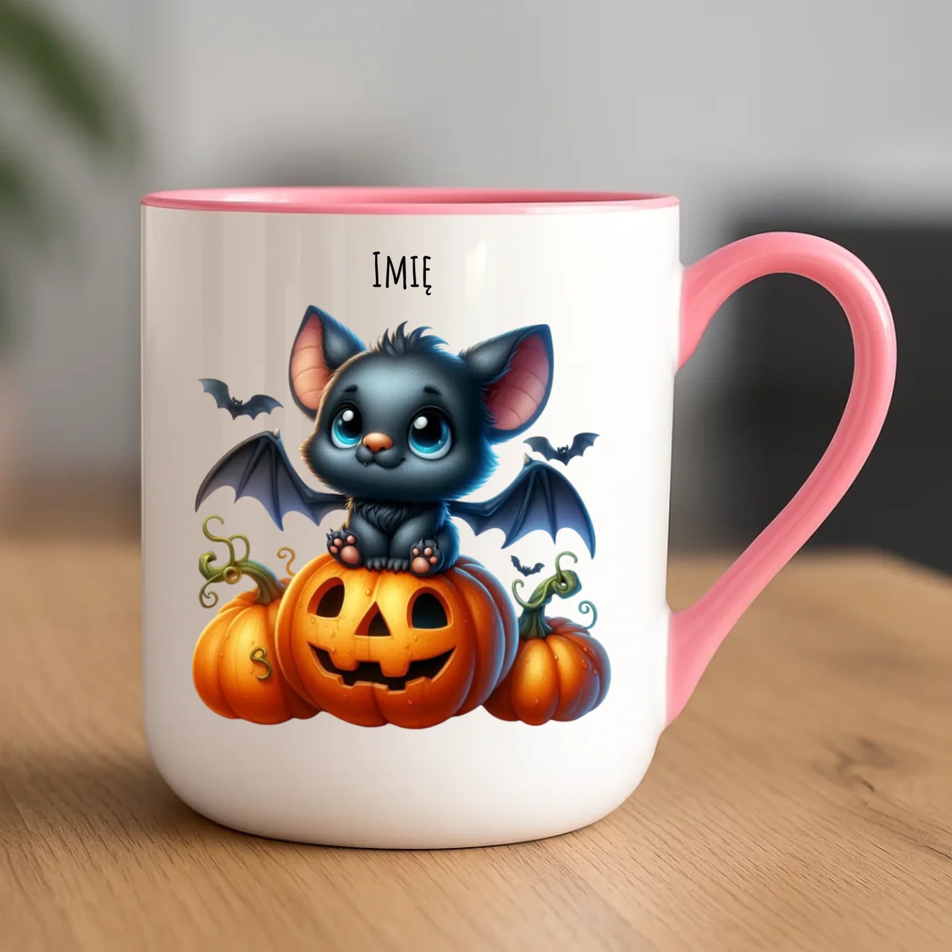 Kubek elegant na halloween - Słodki nietoperz z dynią - personalizowany HL09 - StoryCups.pl