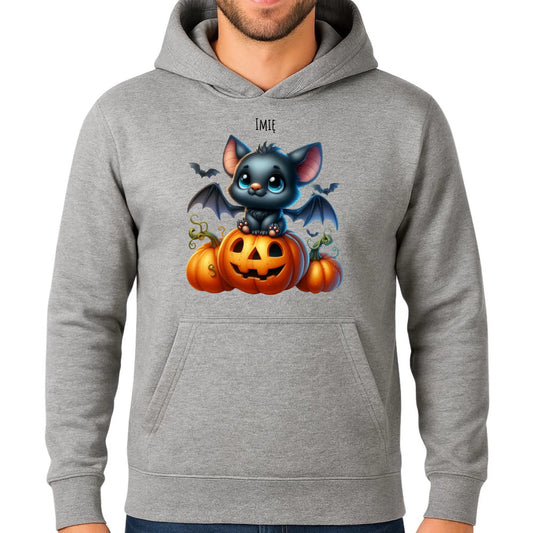 Bluza męska z kapturem halloweenowa - Słodki nietoperz z dynią - personalizowana HL09 - StoryCups.pl