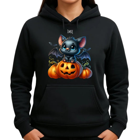 Bluza damska z kapturem halloweenowa - Słodki nietoperz z dynią - personalizowana HL09 - StoryCups.pl