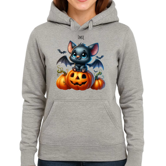 Bluza damska z kapturem halloweenowa - Słodki nietoperz z dynią - personalizowana HL09 - StoryCups.pl