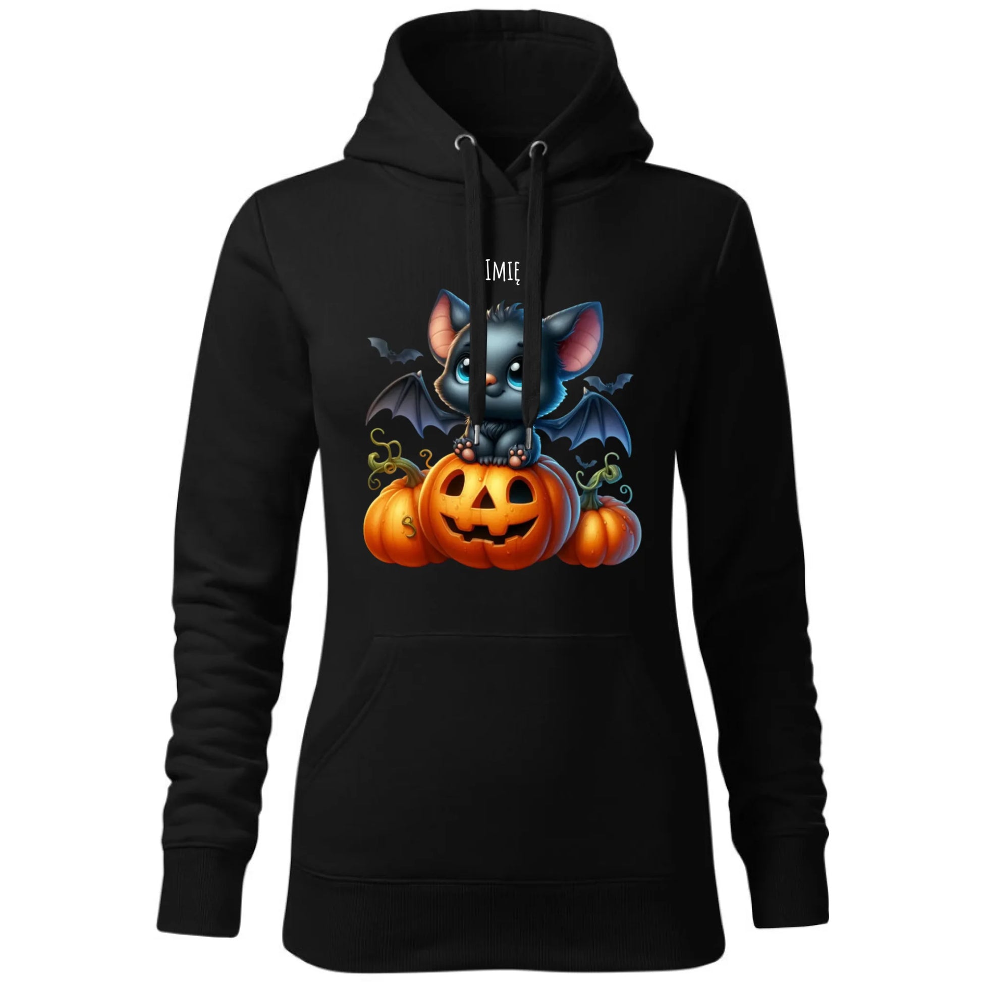 Bluza damska z kapturem halloweenowa - Słodki nietoperz z dynią - personalizowana HL09 - StoryCups.pl