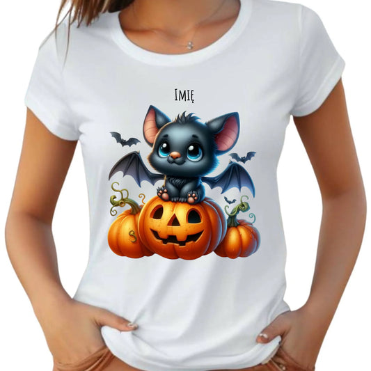 Koszulka damska halloweenowa - Słodki nietoperz z dynią - personalizowana HL09 - StoryCups.pl