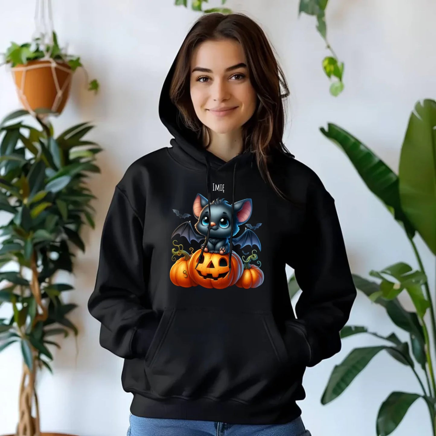 Bluza damska z kapturem halloweenowa - Słodki nietoperz z dynią - personalizowana HL09 - StoryCups.pl