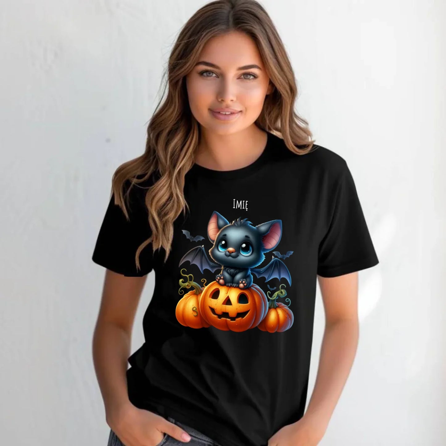 Koszulka damska halloweenowa - Słodki nietoperz z dynią - personalizowana HL09 - StoryCups.pl