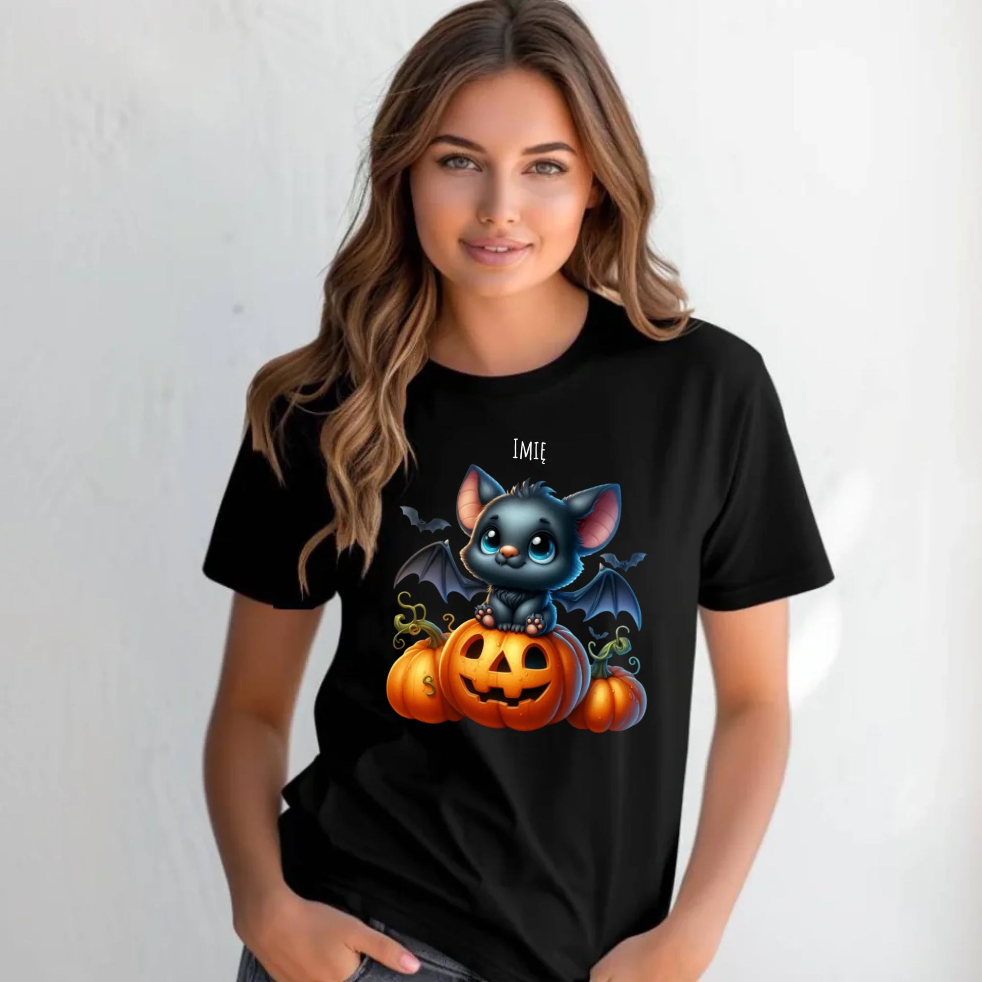 Koszulka damska halloweenowa - Słodki nietoperz z dynią - personalizowana HL09 - StoryCups.pl